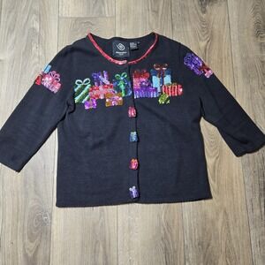 MICHAEL SIMON Event Holiday Sweater Cardigan Sz M Black Gifts Bows